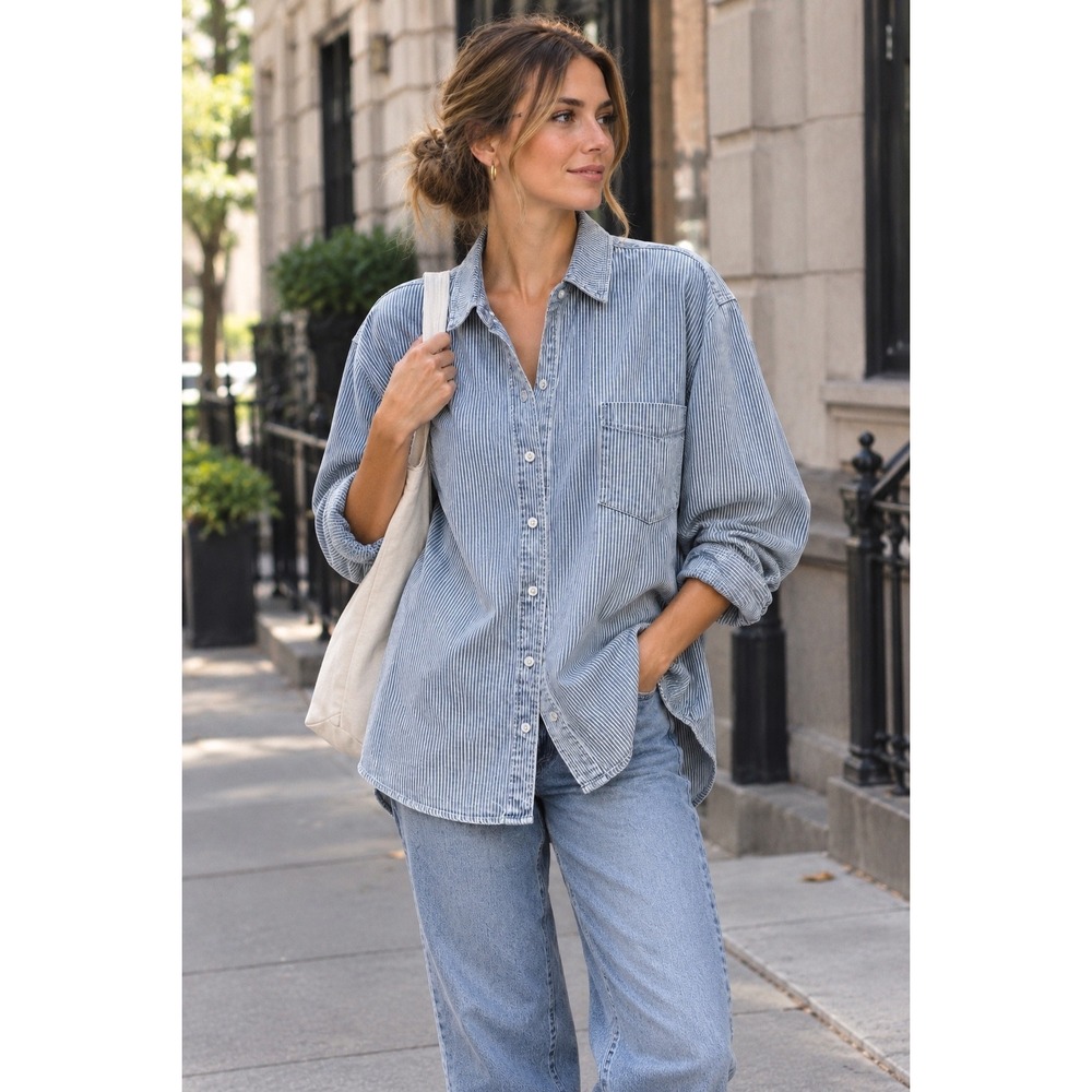 GAP The Big Shirt Blue Denim Railroad Stripe Oversized 100% Cotton Size M Petite